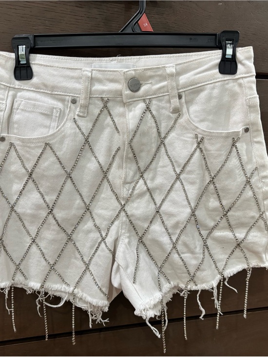 Risen Jeans Pants - White Risen Denim Shorts with Rhinestone Fringe